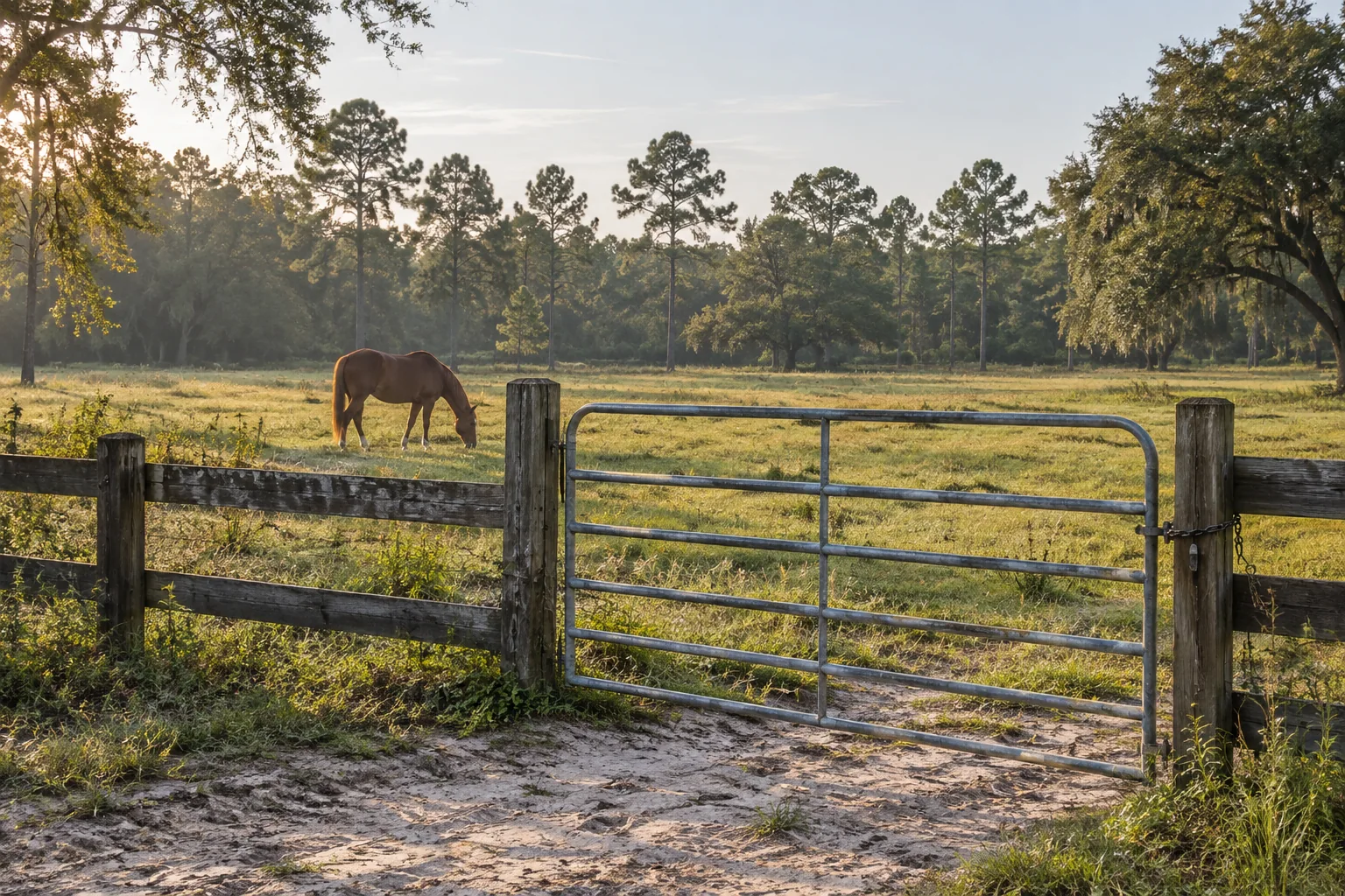 Illustration of a horse grazing beyond a weathered farm gate in the Florida Panhandle.