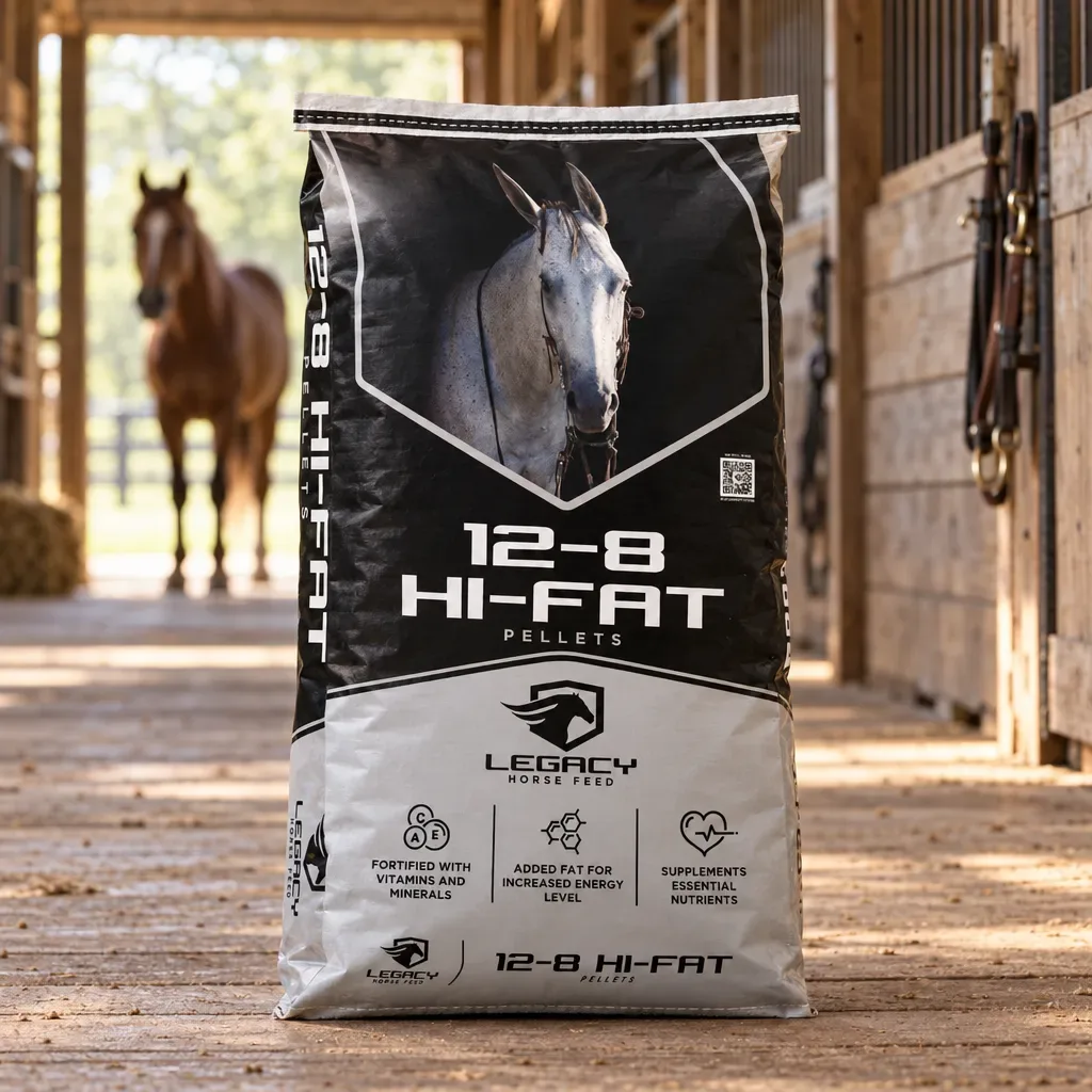 Legacy Horse Feed 12-8 Hi-Fat Pellets bag in a horse barn