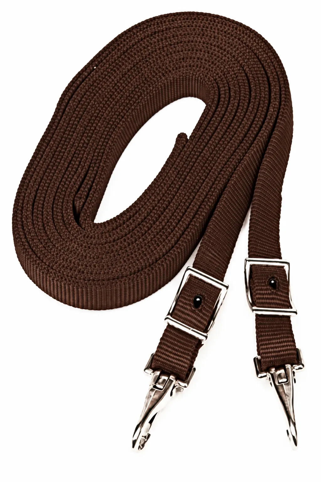 Triple E 7 ft double-ply nylon split reins in brown, coiled, with nickel buckles and snaps