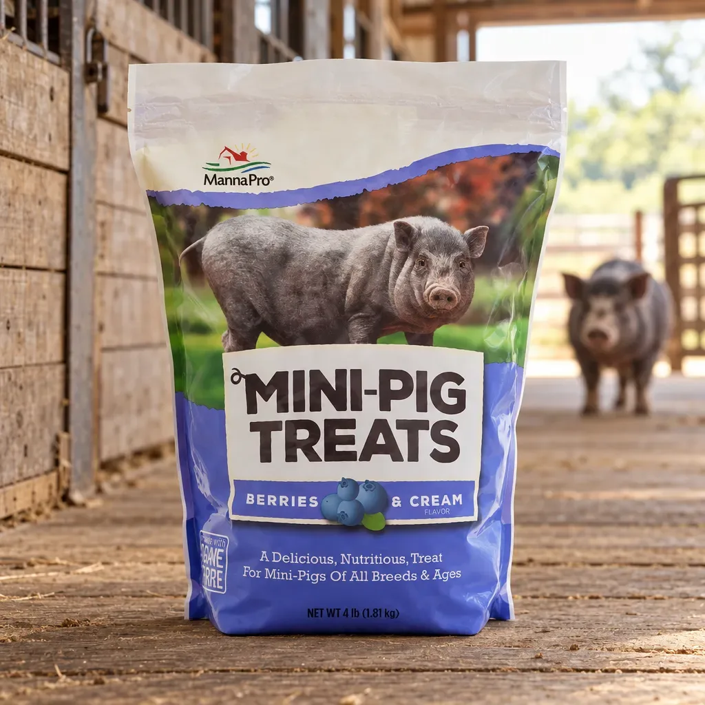 Manna Pro Mini-Pig Treats, Berries & Cream Flavor in a rural Florida farm barn