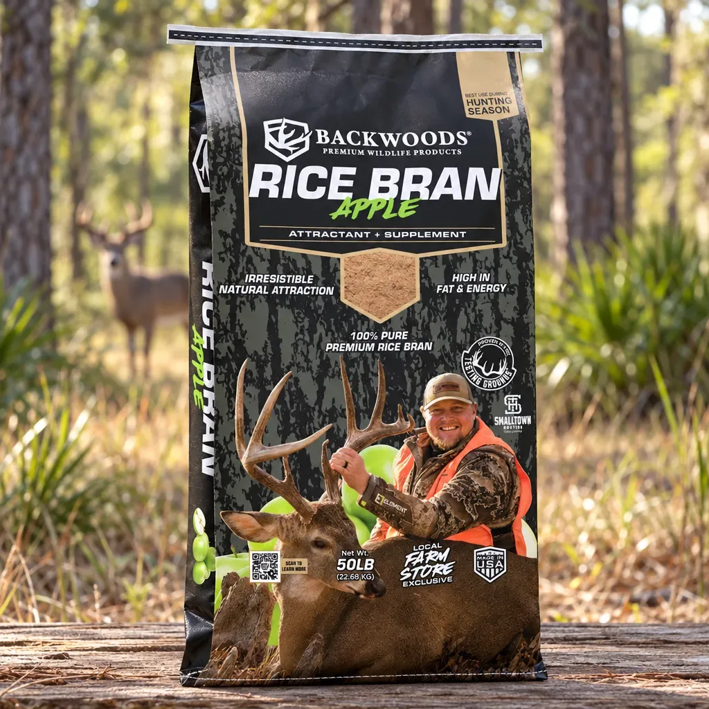 Backwoods Apple Rice Bran, 50 lb, rural Northwest Florida