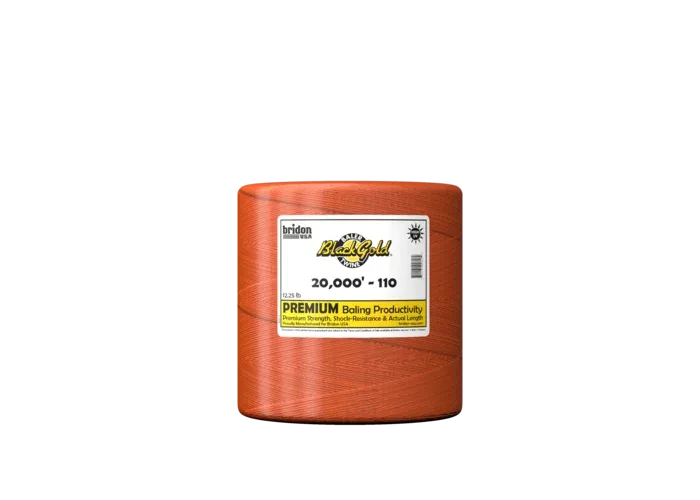 Bridon Black Gold 20,000 ft orange round bale twine spool with label, product shot
