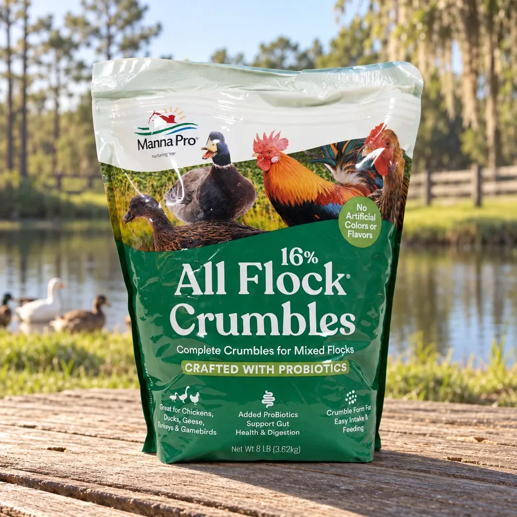 Manna Pro 16% All Flock Crumbles with Probiotics, 8 lb, outdoors in rural Northwest Florida