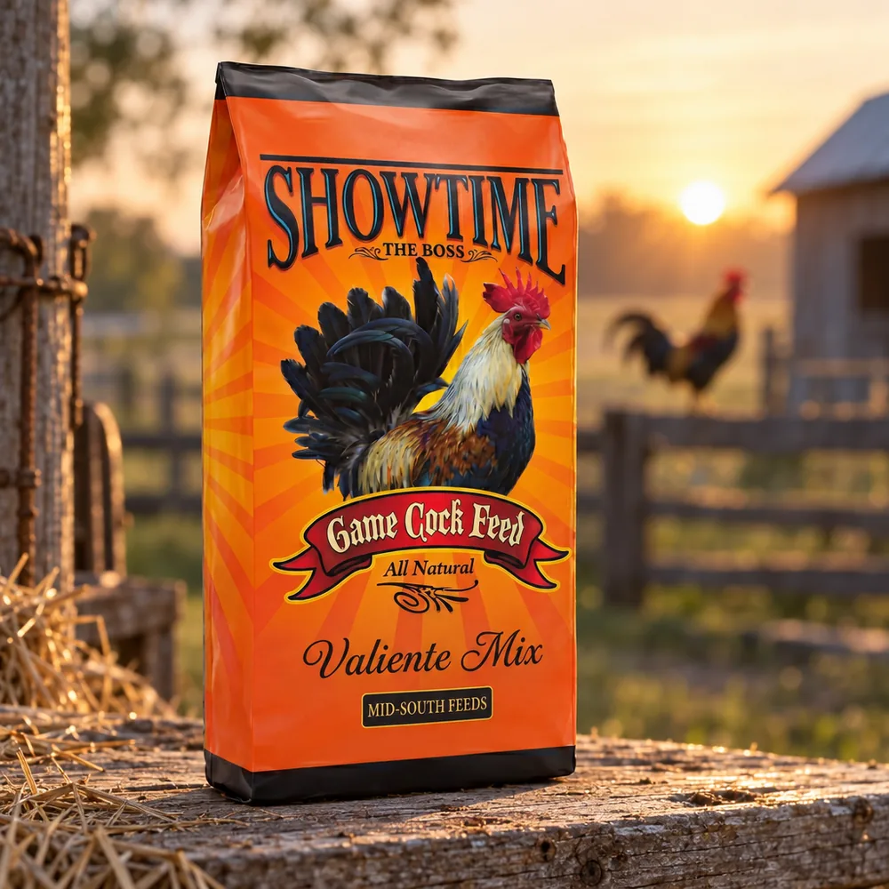 ShowTime Valiente Mix feed bag with a sunrise yard in the background