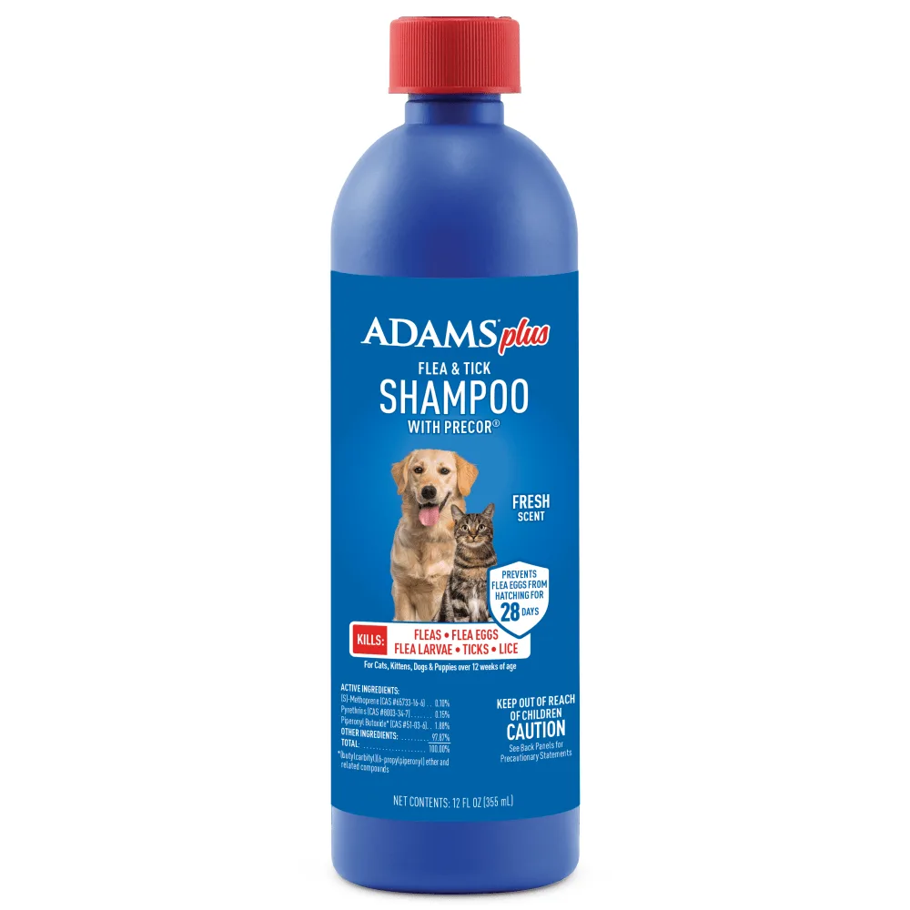 ADAMS Plus Flea and Tick Shampoo with Precor, 12 fl oz blue bottle with red cap, dog and cat on the label