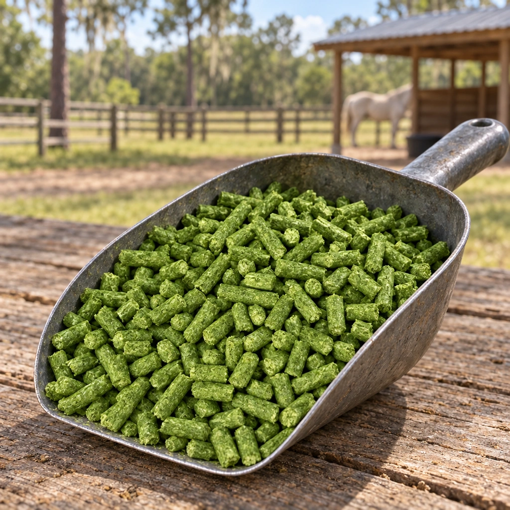 Alfalfa pellets in a metal scoop on a workbench beside a Northwest Florida horse barn.