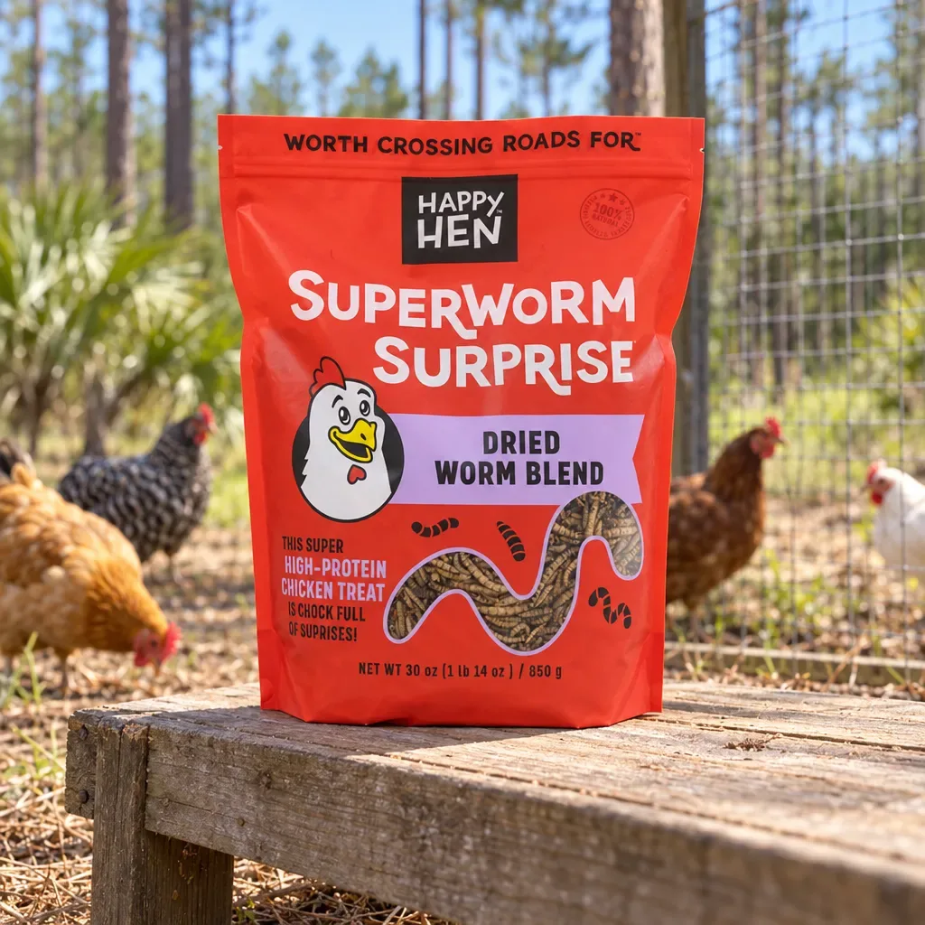 Happy Hen Treats Superworm Surprise, 30 oz, outdoors in rural Northwest Florida