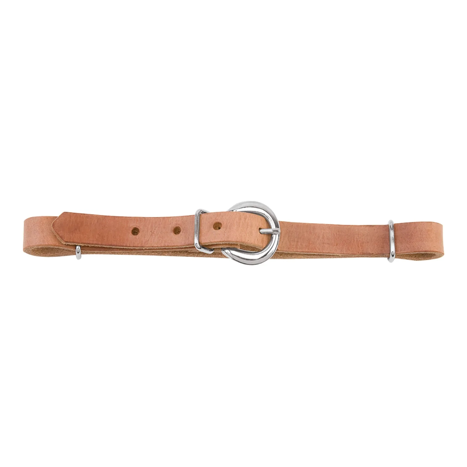 Straight harness leather curb strap in russet leather with nickel-plated hardware, shown flat on a white background