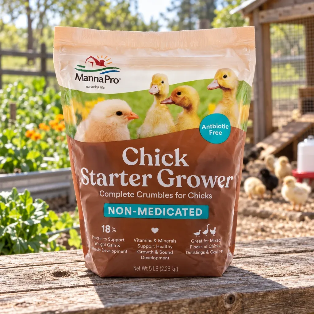 Manna Pro Chick Starter Grower Non-Medicated Crumbles, 5 lb, outdoors in rural Northwest Florida
