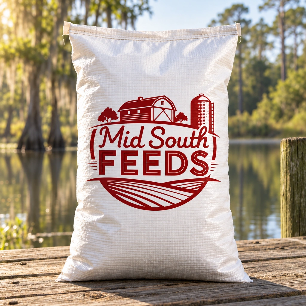 Generic Mid-South Feeds bag on a dry wooden platform beside a Northwest Florida farm pond.