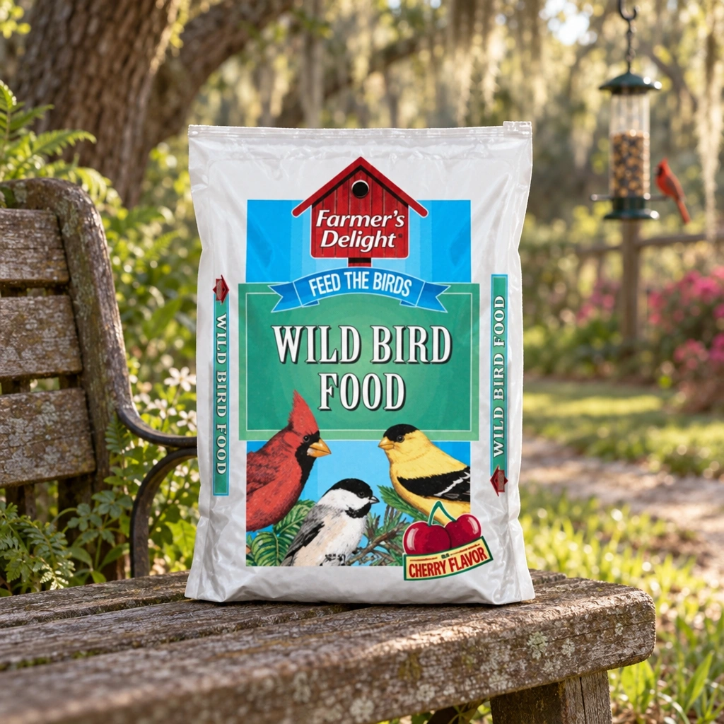 Farmer's Delight Wild Bird Food bag on a garden bench in Northwest Florida.