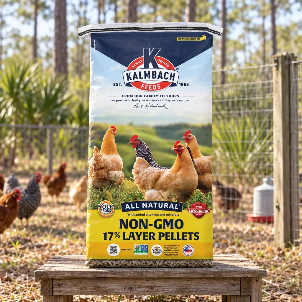 Kalmbach Feeds 17% Non-GMO Layer Pellets, 50 lb, outdoors in rural Northwest Florida