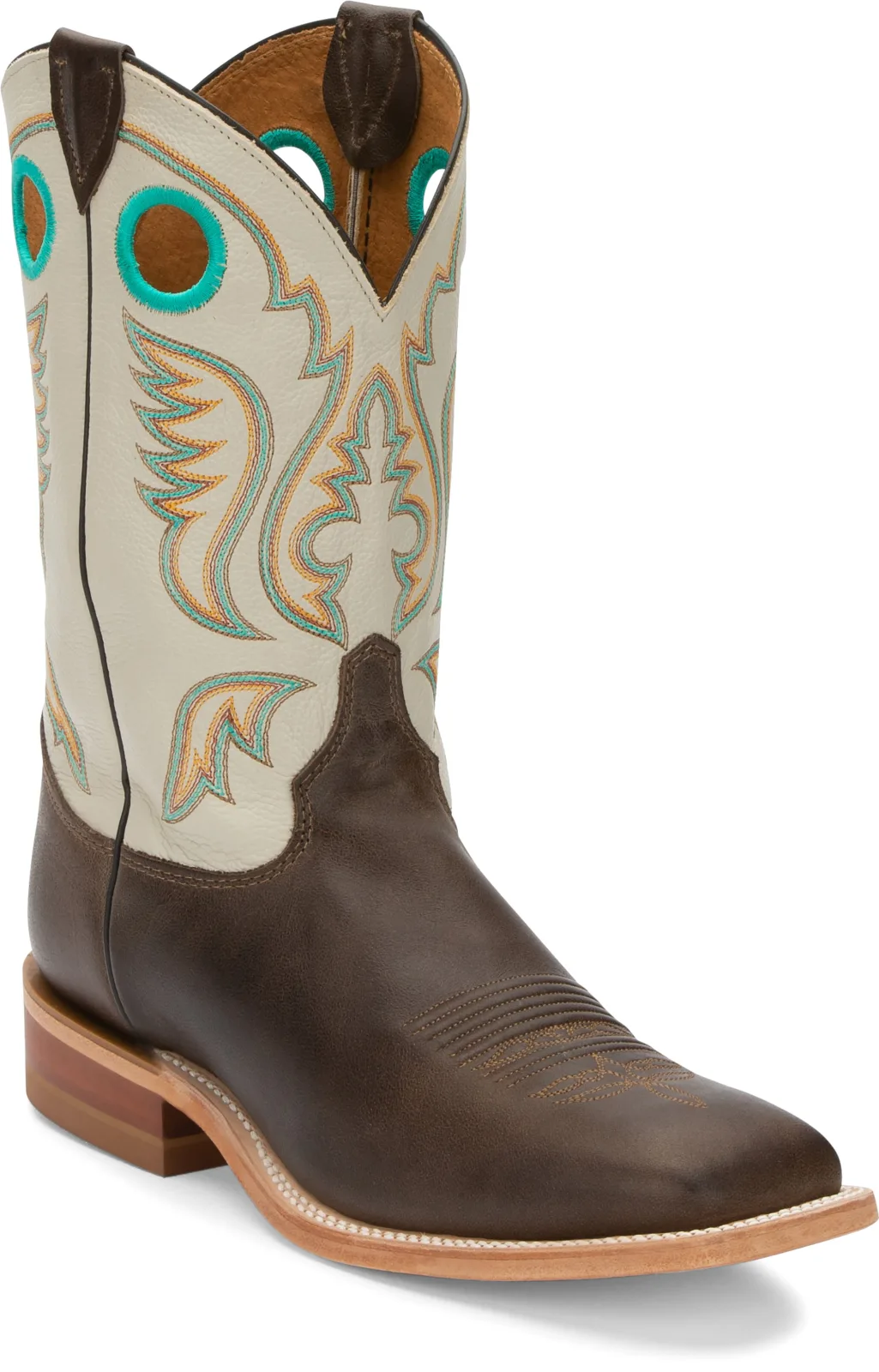 Justin Bent Rail boot, three-quarter front view, with a chocolate foot, ivory shaft and turquoise and gold stitching