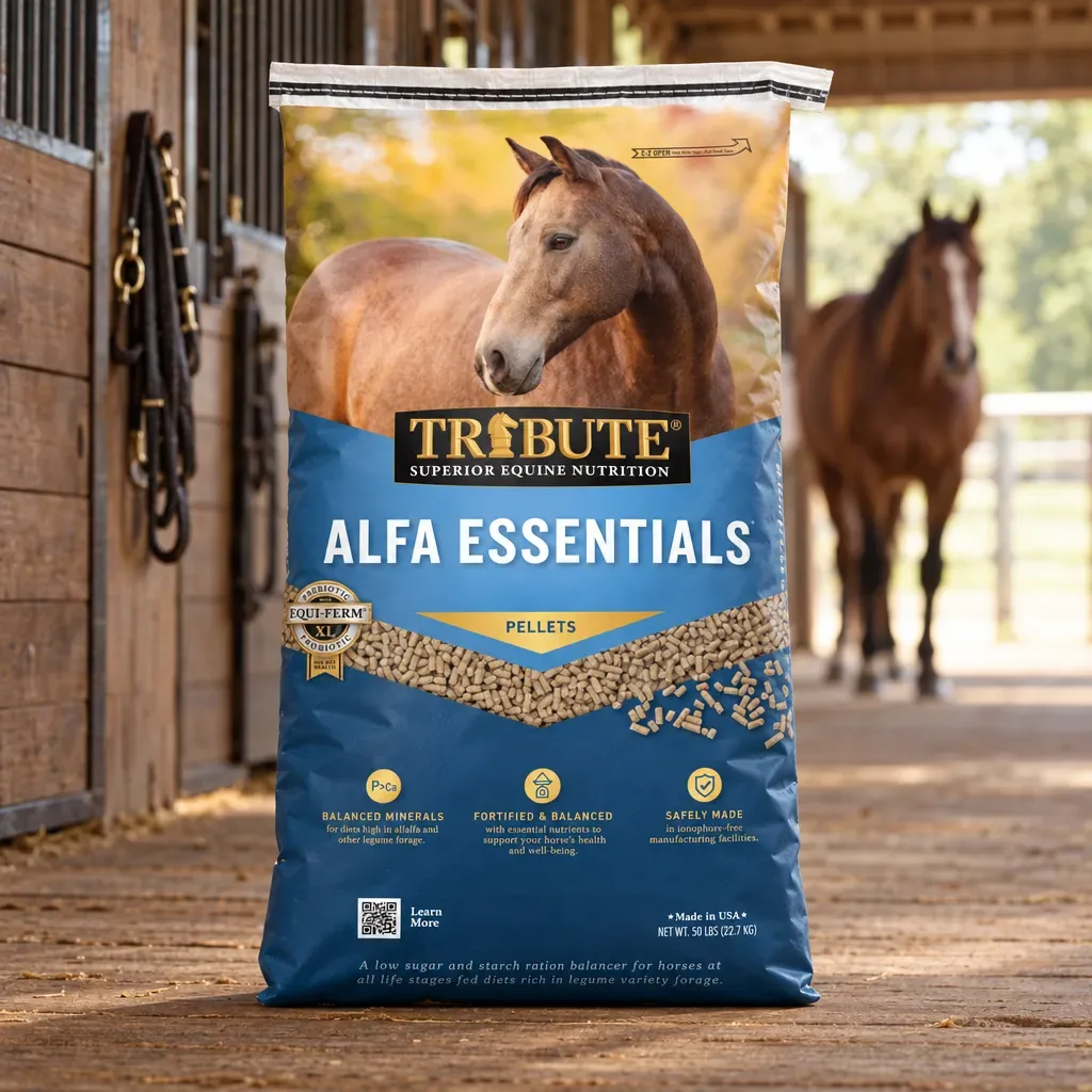 Tribute Alfa Essentials feed package in a barn