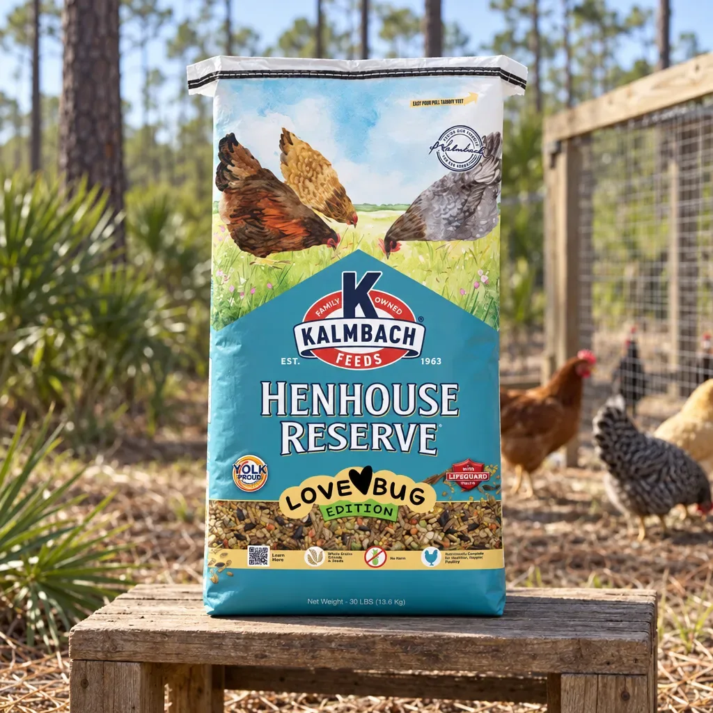 Kalmbach Feeds Henhouse Reserve Love Bug, 30 lb, outdoors in rural Northwest Florida