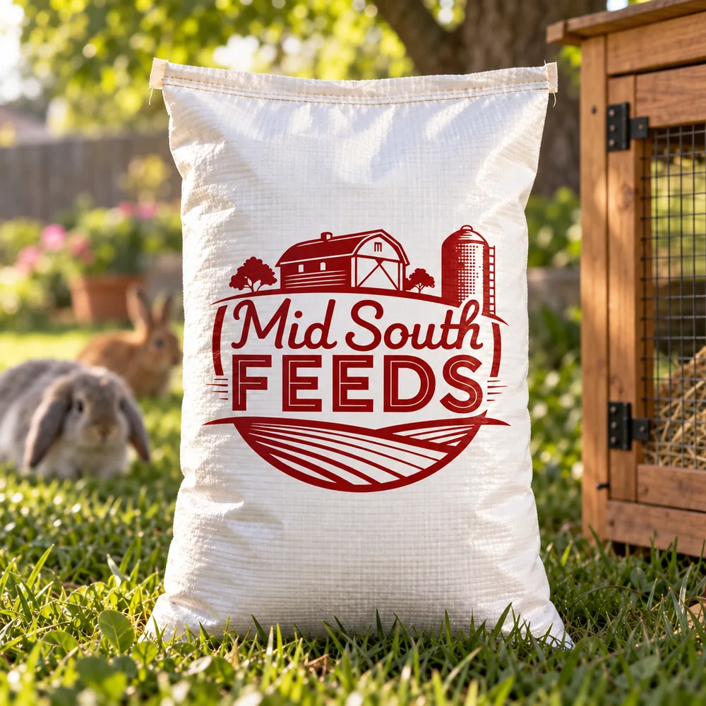 Rabbit Pellets 50 lb with a rabbit hutch in the background