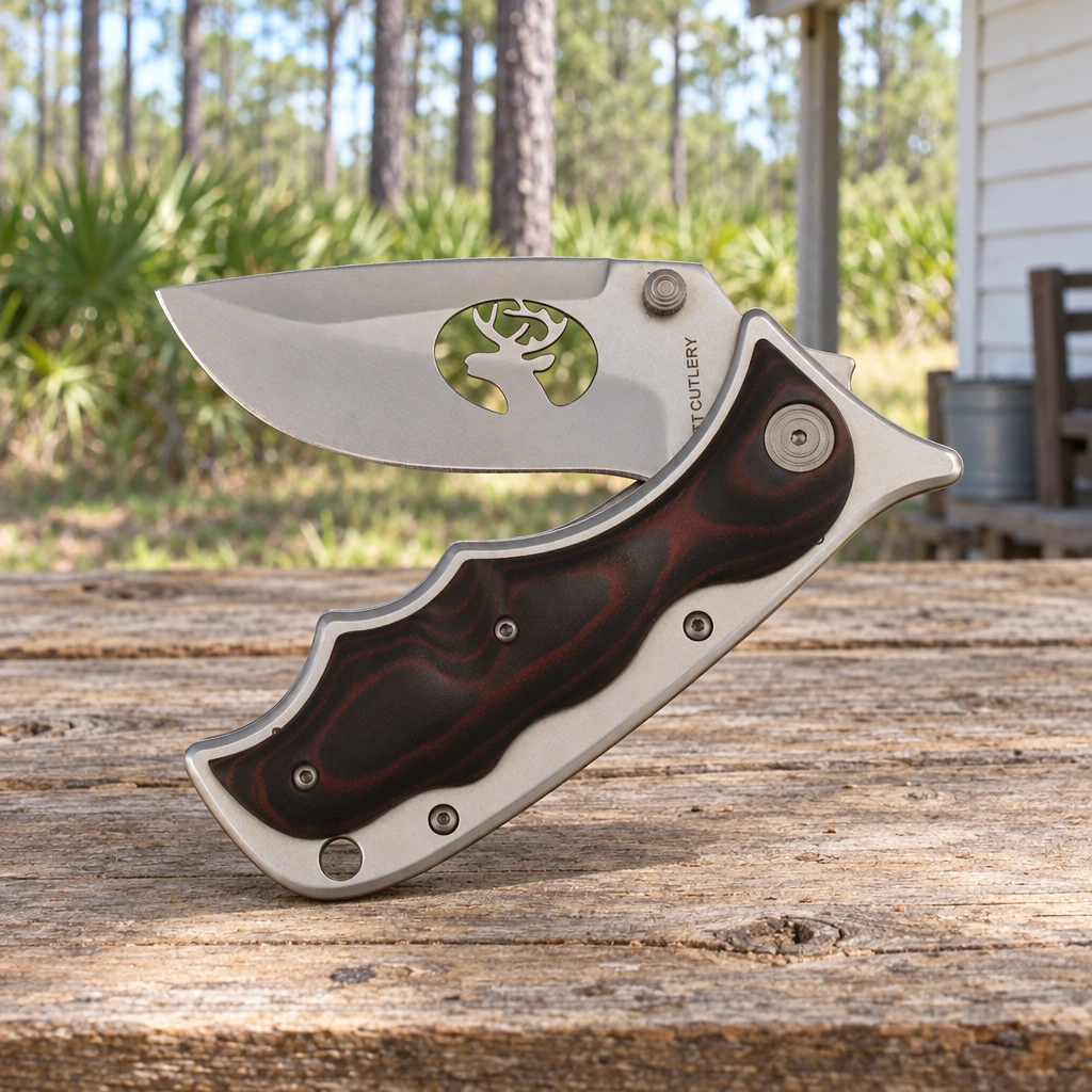 Frost Cutlery Deer Head Black Wood Tactical Folder, 5 in