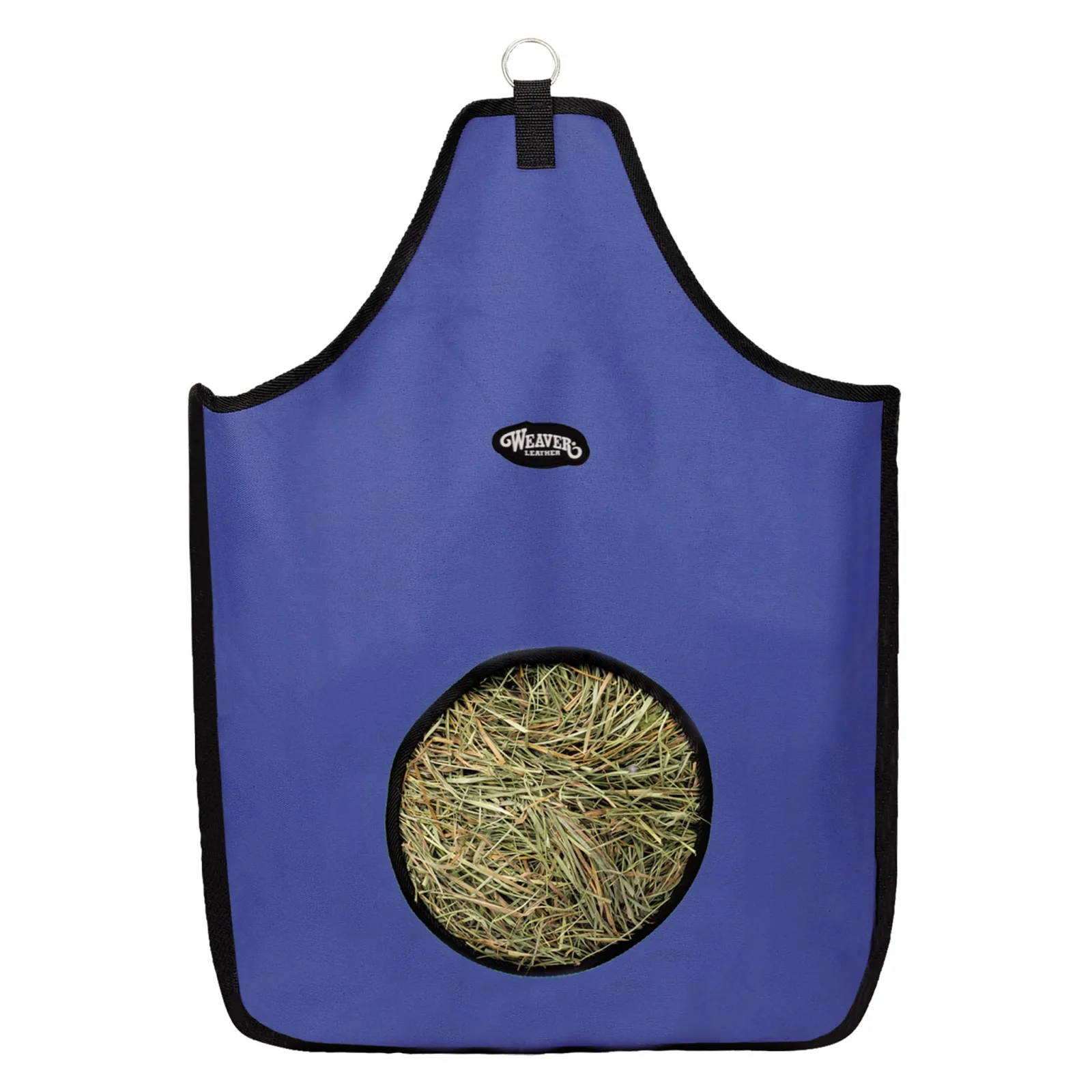 Blue polyester hay bag with a round feed hole and black mesh bottom, front view, product photo