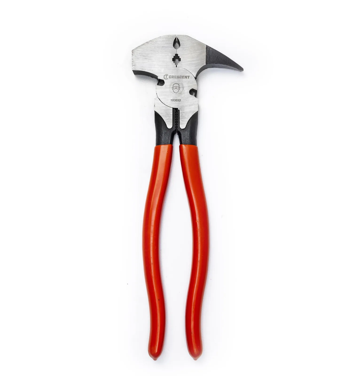 Crescent dual staple grip fence pliers with orange dipped handles, full view