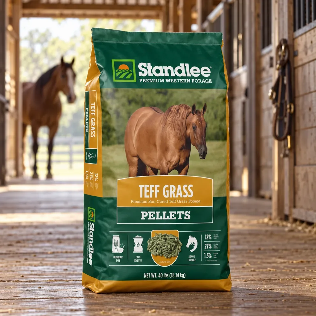 Standlee Teff Grass Pellets feed package in a barn
