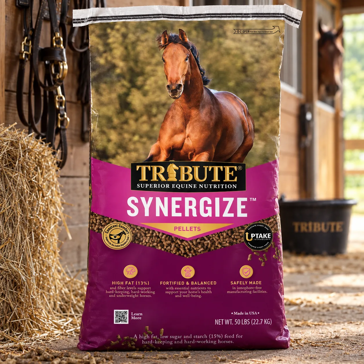 50 pound bag of Tribute Synergize®, Low NSC, High Fat Pelleted Horse Feed