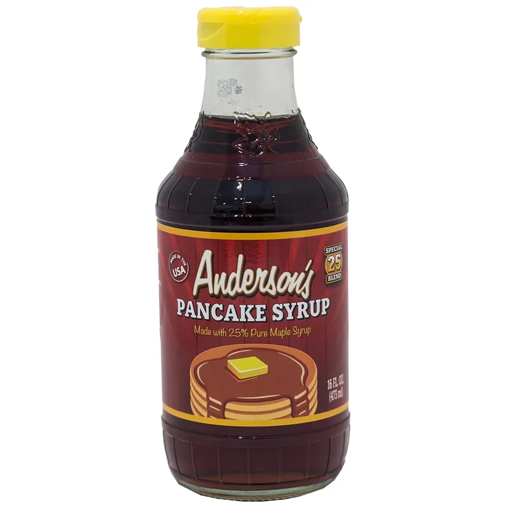 Anderson's Pancake Syrup in a 16 oz glass bottle with a yellow cap, made with 25% pure maple syrup
