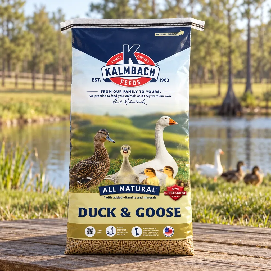 Kalmbach Feeds Duck, Goose & Swan Feed, 50 lb, outdoors in rural Northwest Florida