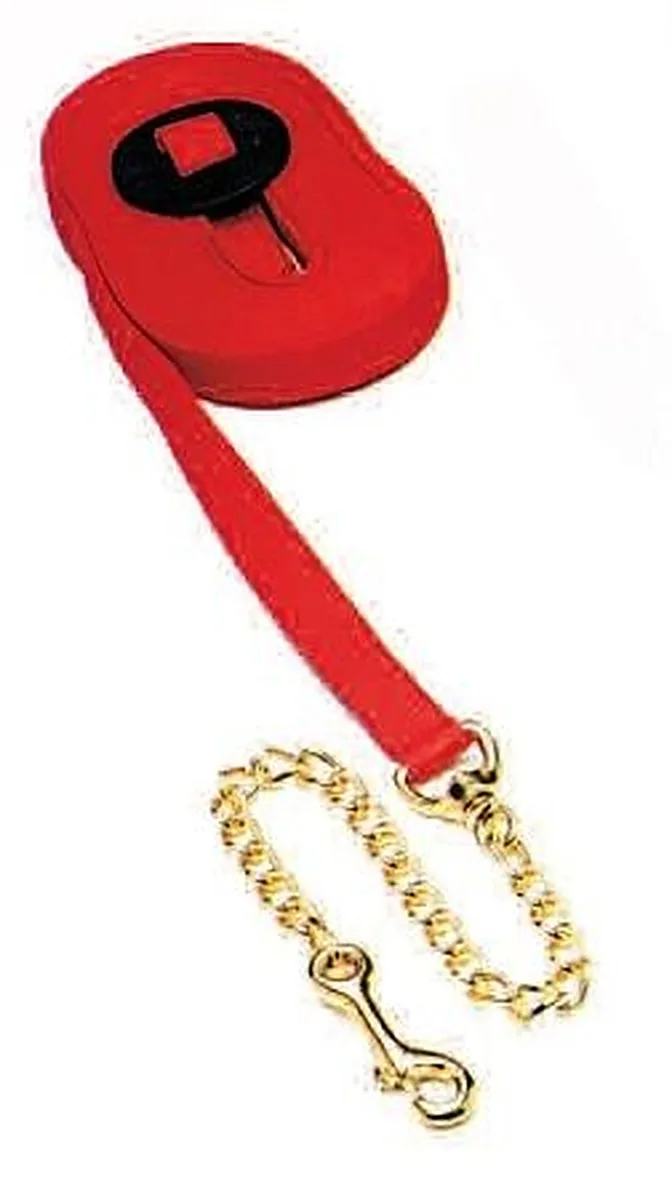 Triple E 25' Poly Web Lunge Line with 20" Brass Plated Chain & Leather Hand Hold in Red