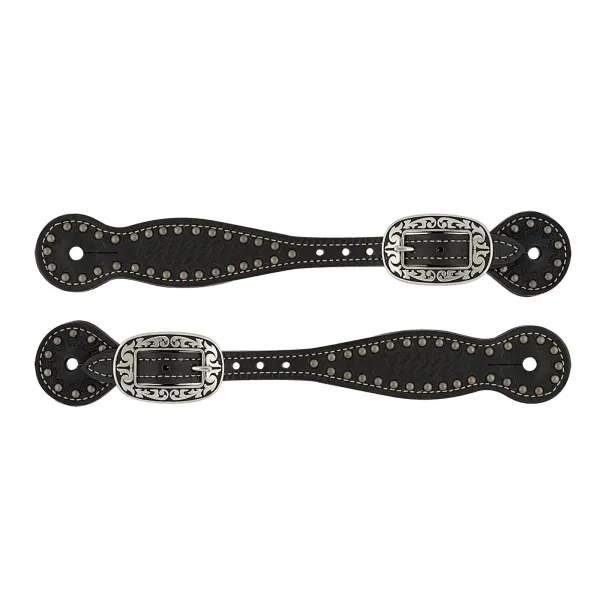 Basketweave Bridle Leather Spur Straps, Thin, Black