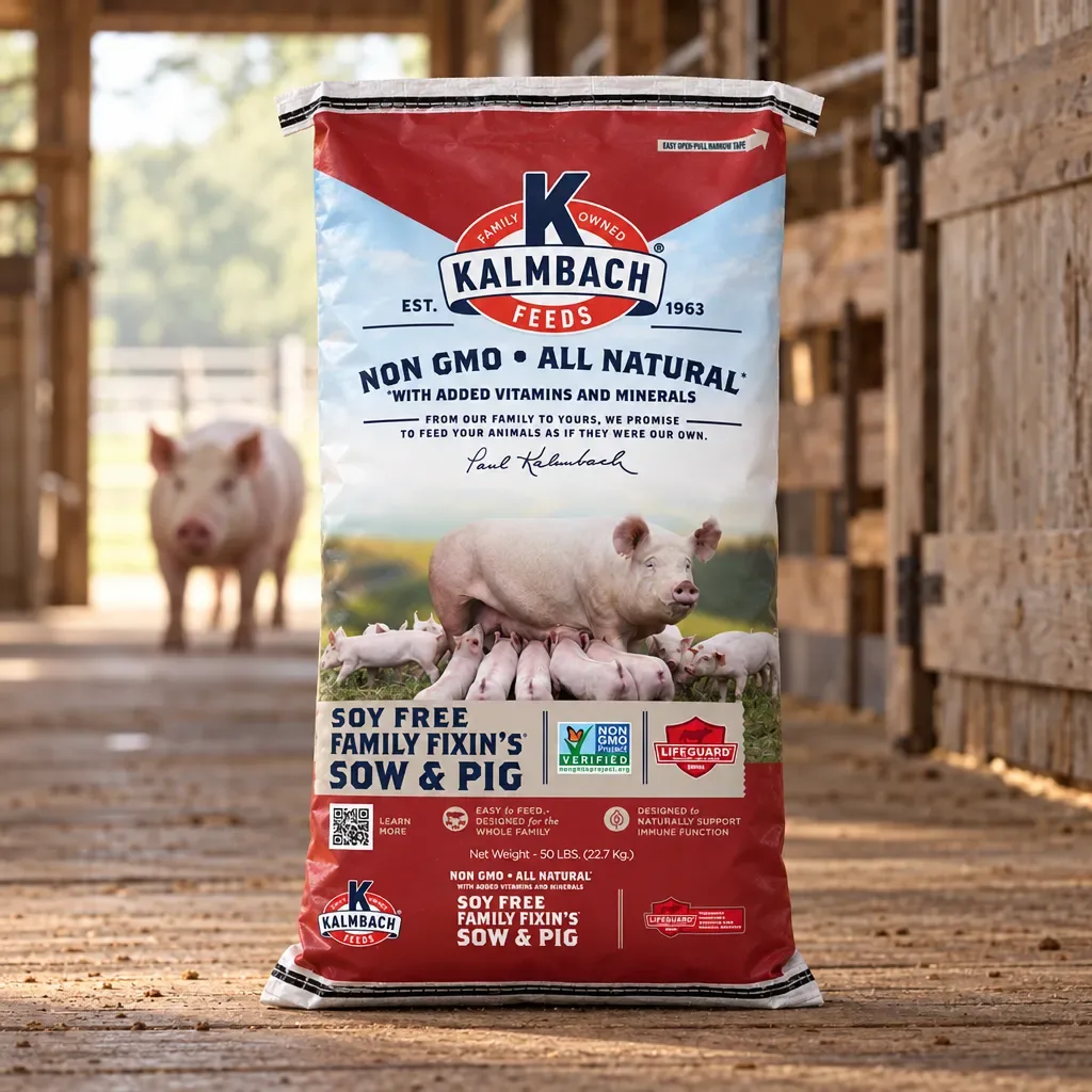 Kalmbach Feeds Soy-Free Family Fixin's Sow & Pig (Non-GMO) in a rural Florida farm barn