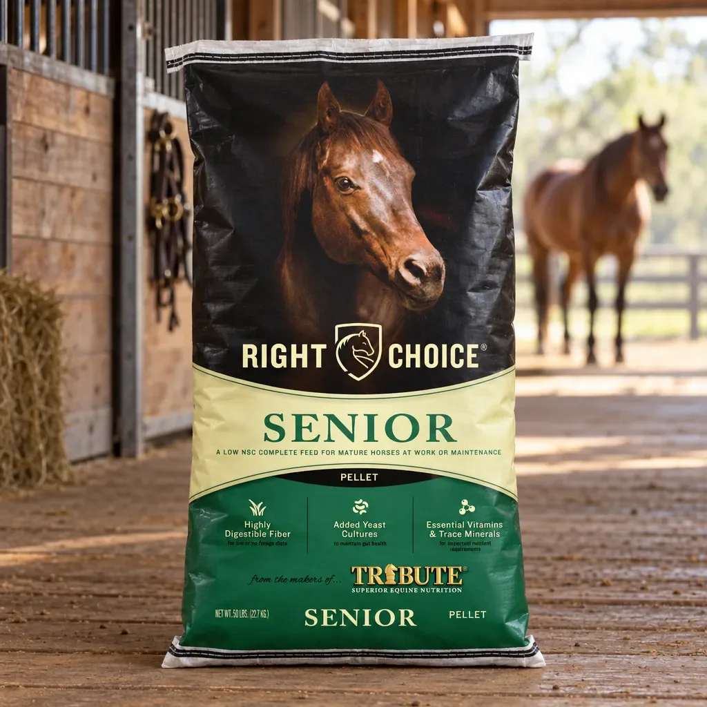 Right Choice Senior Pellet bag in a horse barn