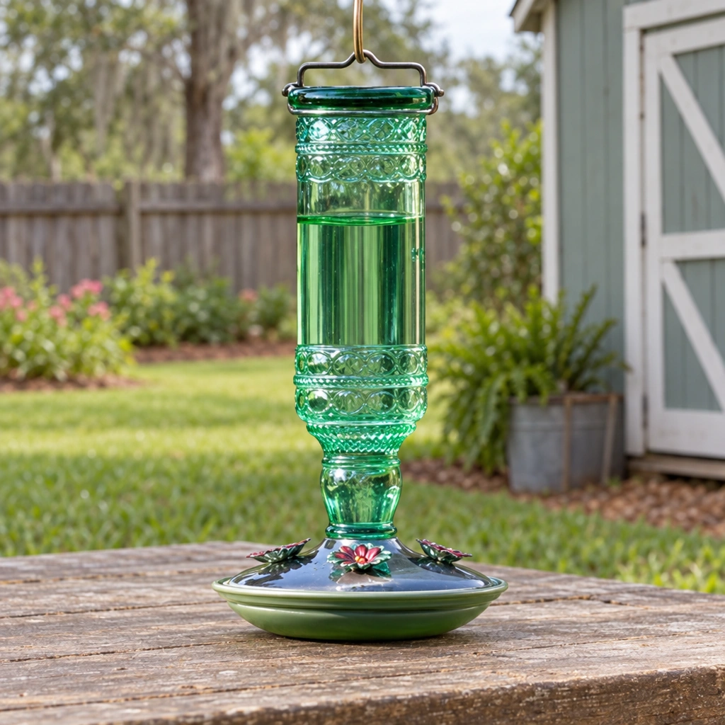 Perky-Pet Green Antique Glass Bottle Hummingbird Feeder