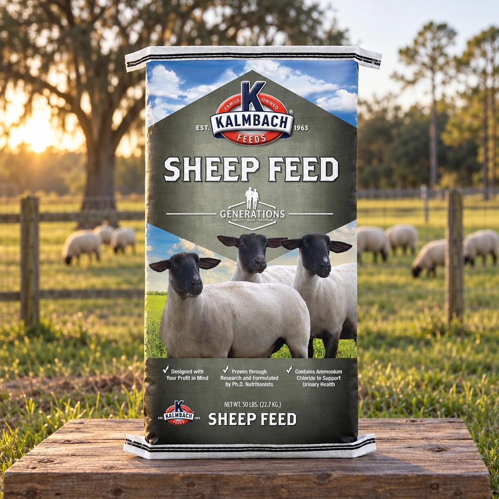 Kalmbach Generations Sheep Feed 50 lb family bag beside a Northwest Florida sheep pasture.