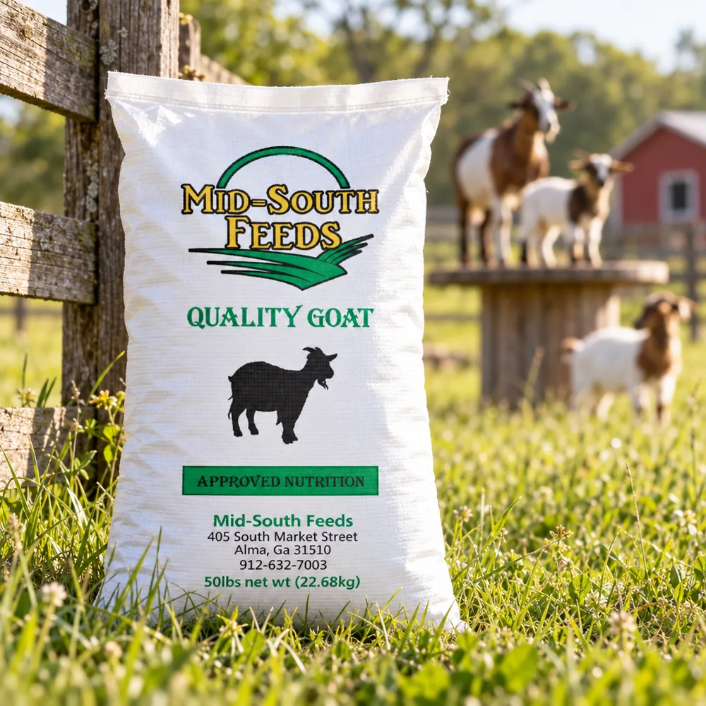 16% Non Medicated Goat Pellets with a goat pasture in the background