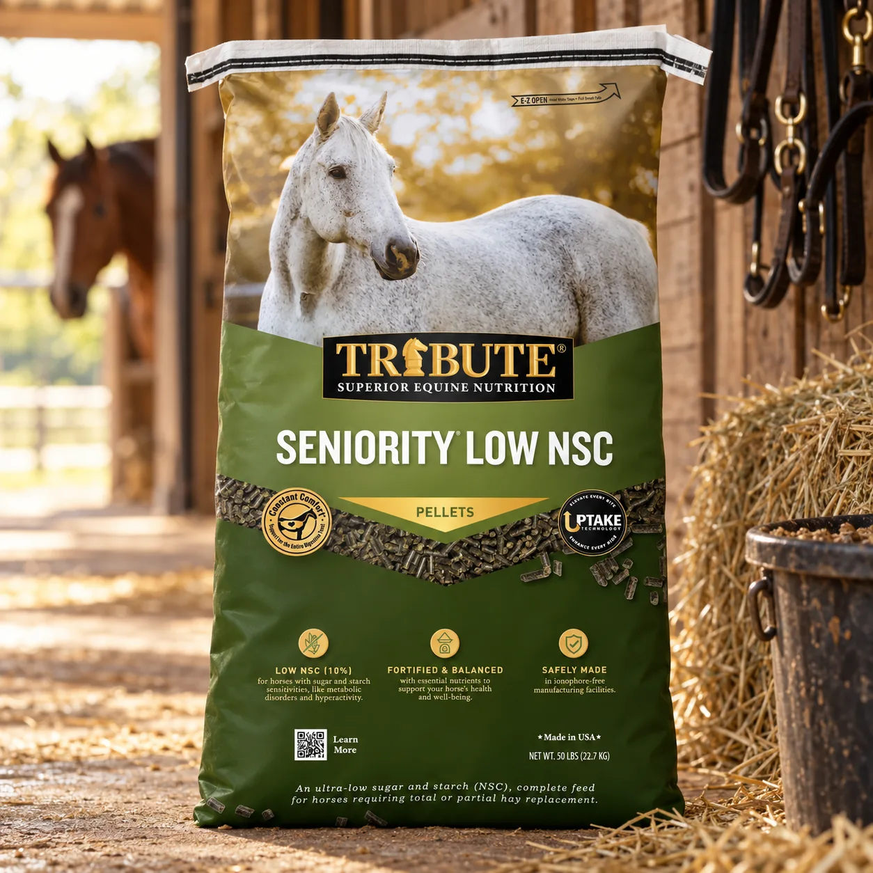 Seniority® Low NSC (10%), Horse Feed in a barn.