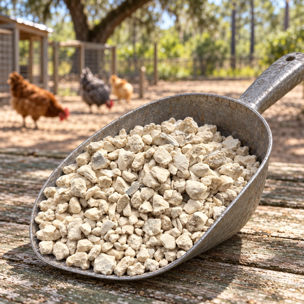 Coarse oyster-shell pieces in a feed scoop beside a Northwest Florida chicken yard.