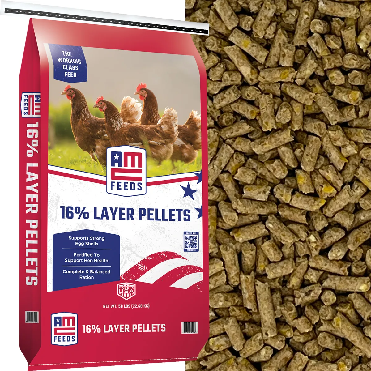 American Classic 16% Layer Pellets 50 lb bag, red and white with three brown hens on the front and pellets filling the right side