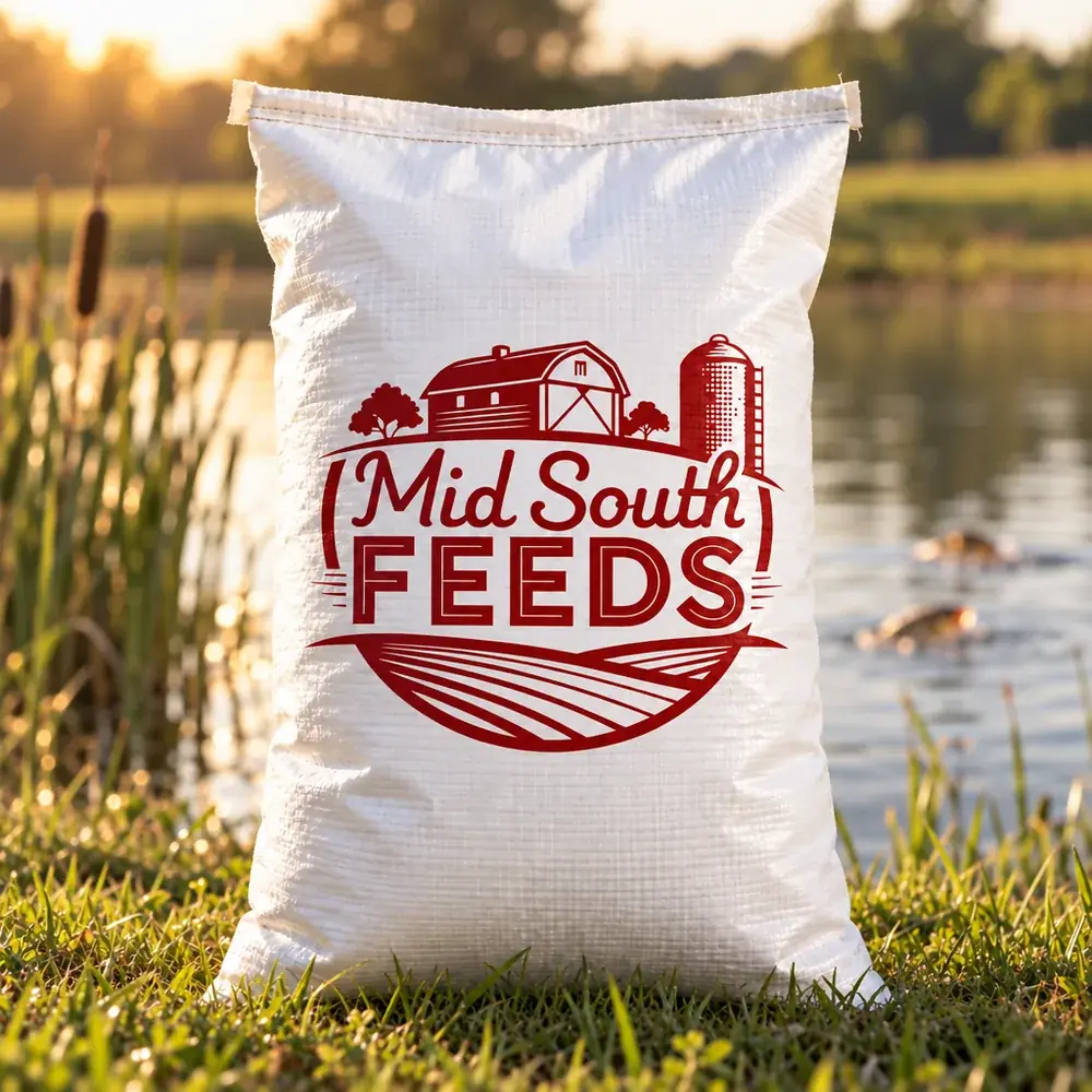 Mid-South Feeds 36% Fingerling Fish Food bag sitting beside a pond.