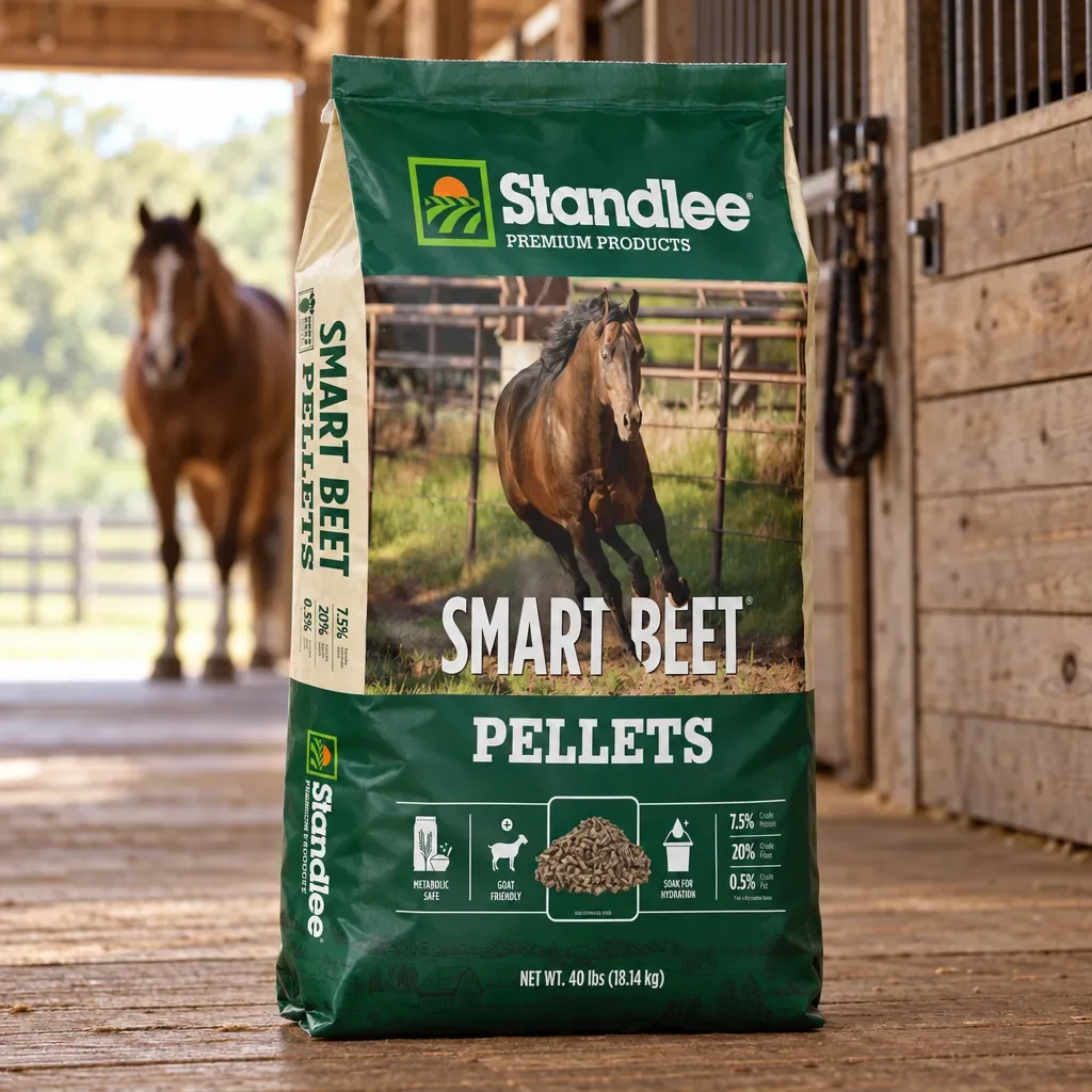 Standlee Smart Beet Pellets bag in a horse barn