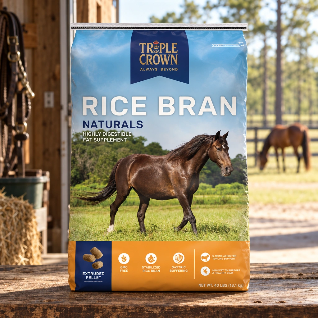 Triple Crown Naturals Rice Bran 40 lb bag on a workbench in a Northwest Florida horse barn.