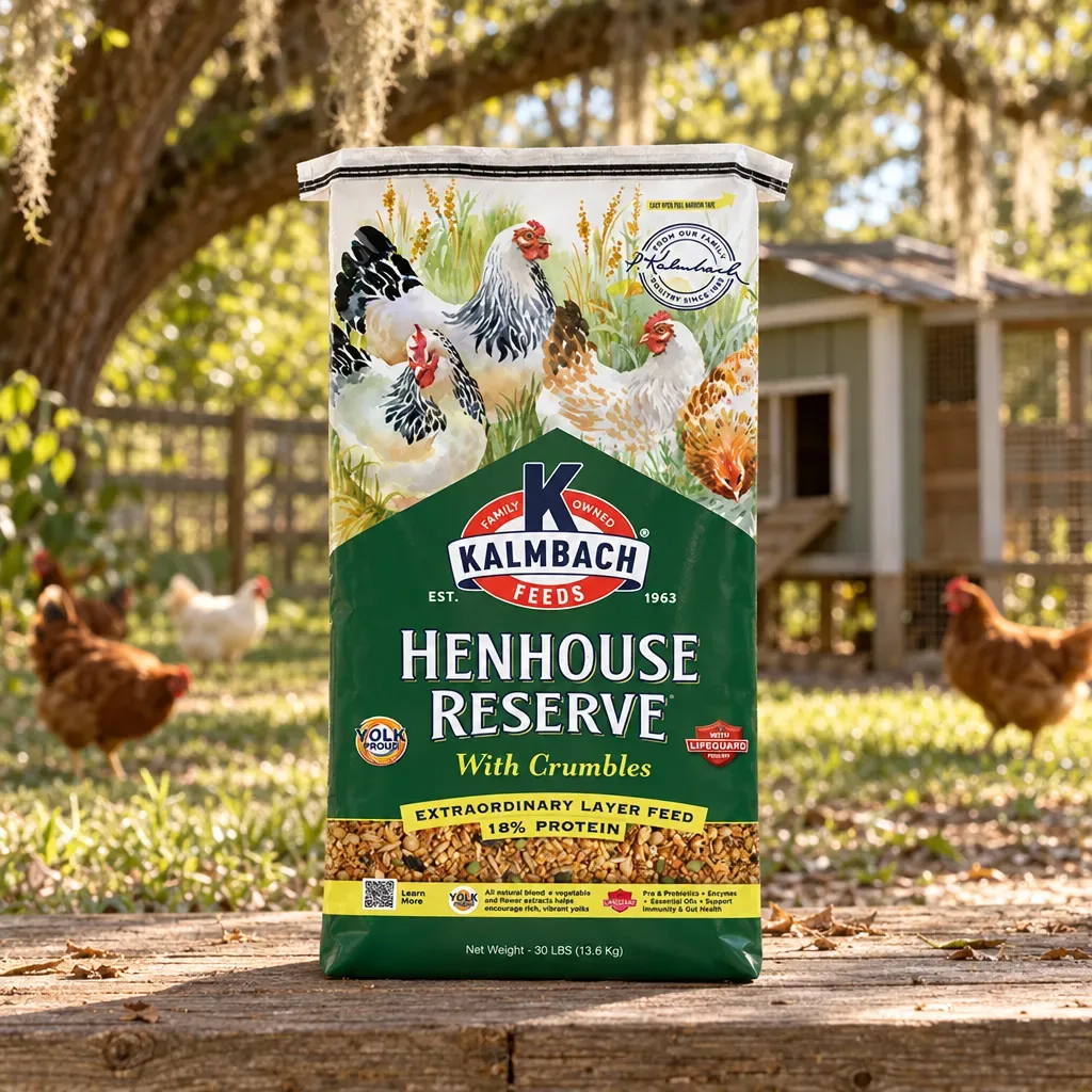 Kalmbach Feeds Henhouse Reserve with Crumbles, 30 lb, outdoors in rural Northwest Florida