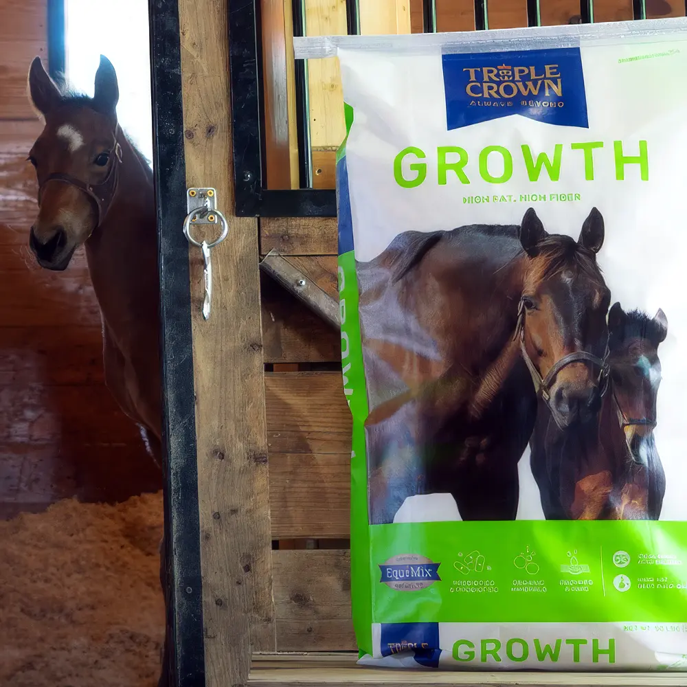 A dark brown horse stands behind a wooden stable door beside a large white and green feed bag labeled "GROWTH" with horse illustrations.