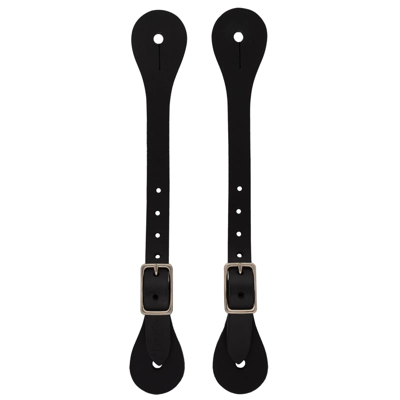 Pair of black single-ply spur straps in bridle leather, each with a nickel plated buckle