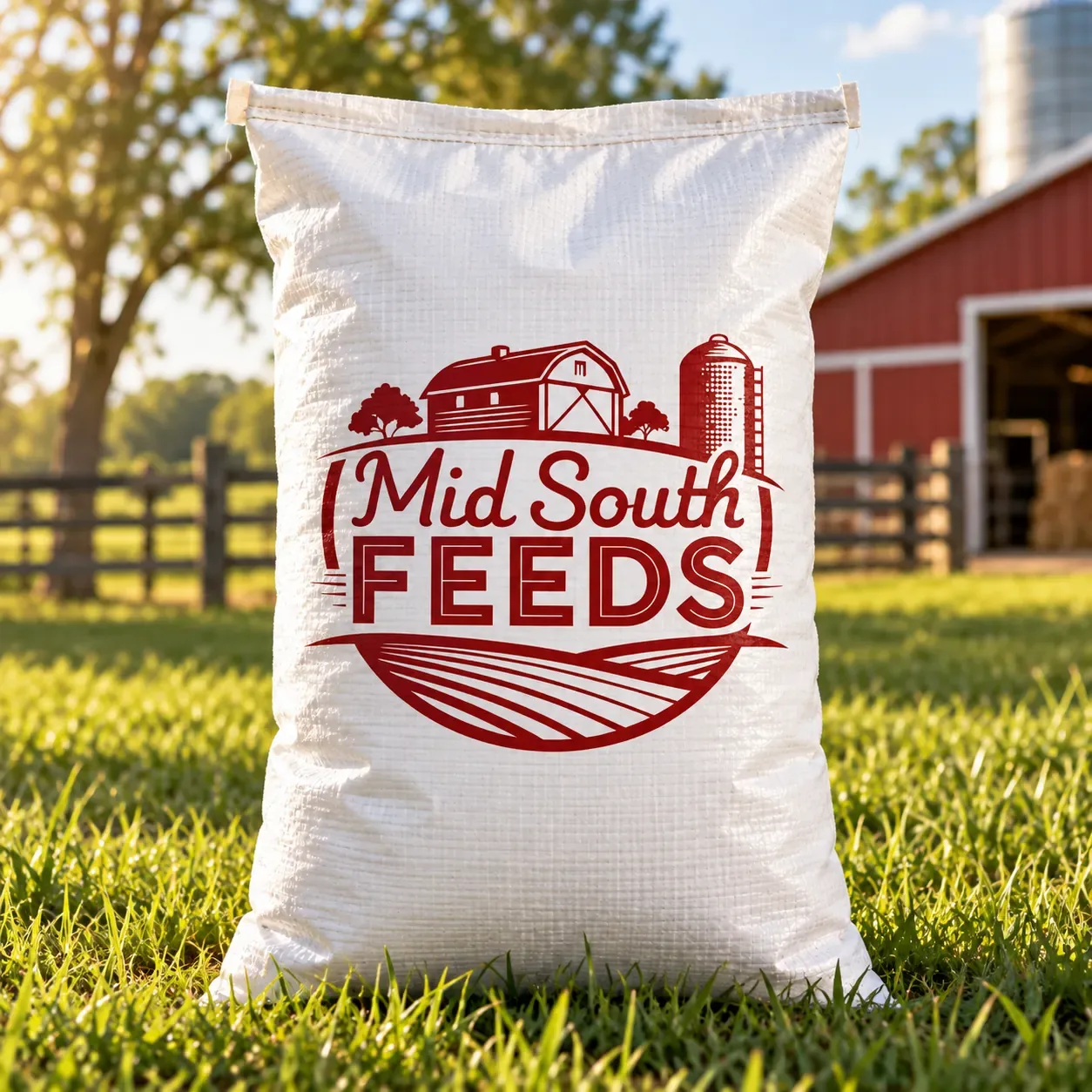 Generic Mid-South Feeds bag in a field beside a barn