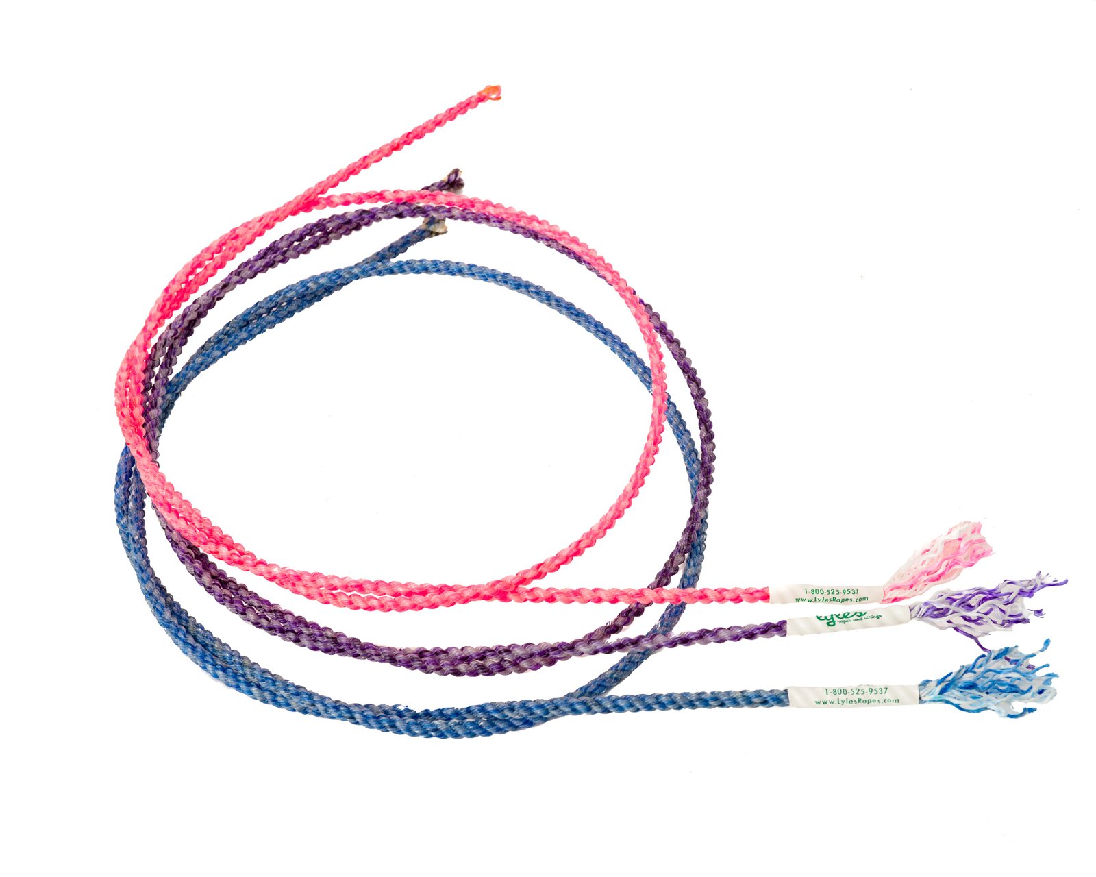 Lyles goat string family photo showing blue, purple and pink; the listed item is one blue2-ply string.