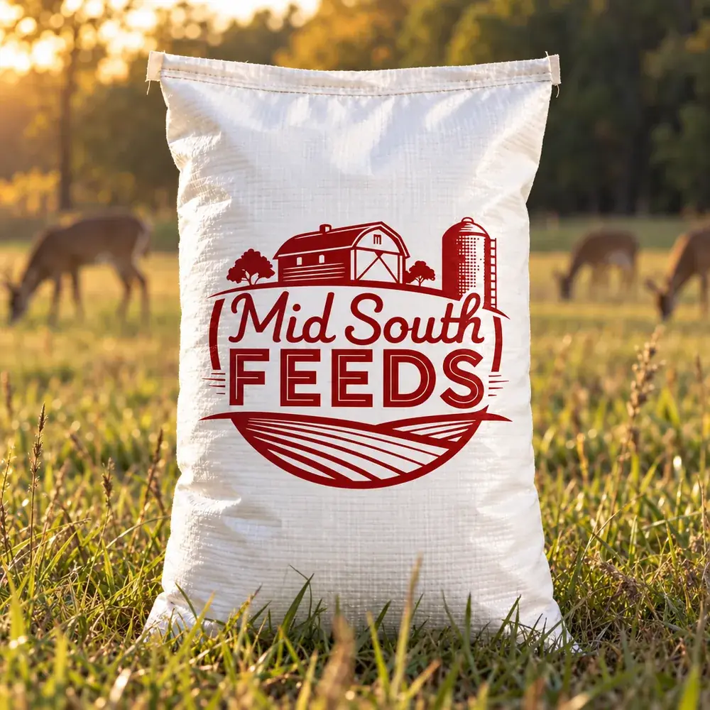 A 50 pound bag of Mid-South Feeds' Protein Plus Deer Pellets sitting in a field with grazing deer.