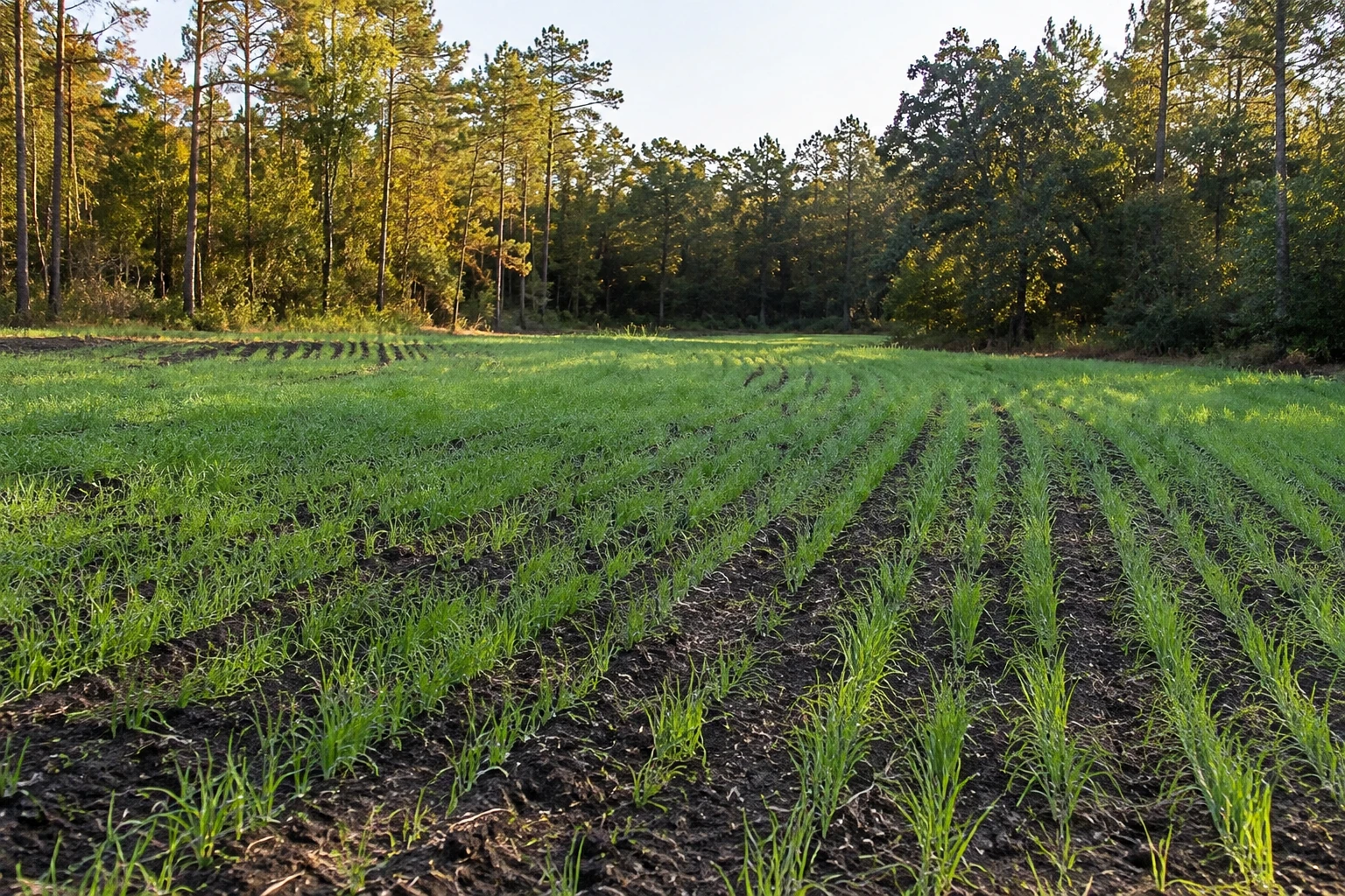 Realistic documentary-style photograph of a small North Florida deer food plot in early fall, neat rows of young green oats emerging from dark, well-p