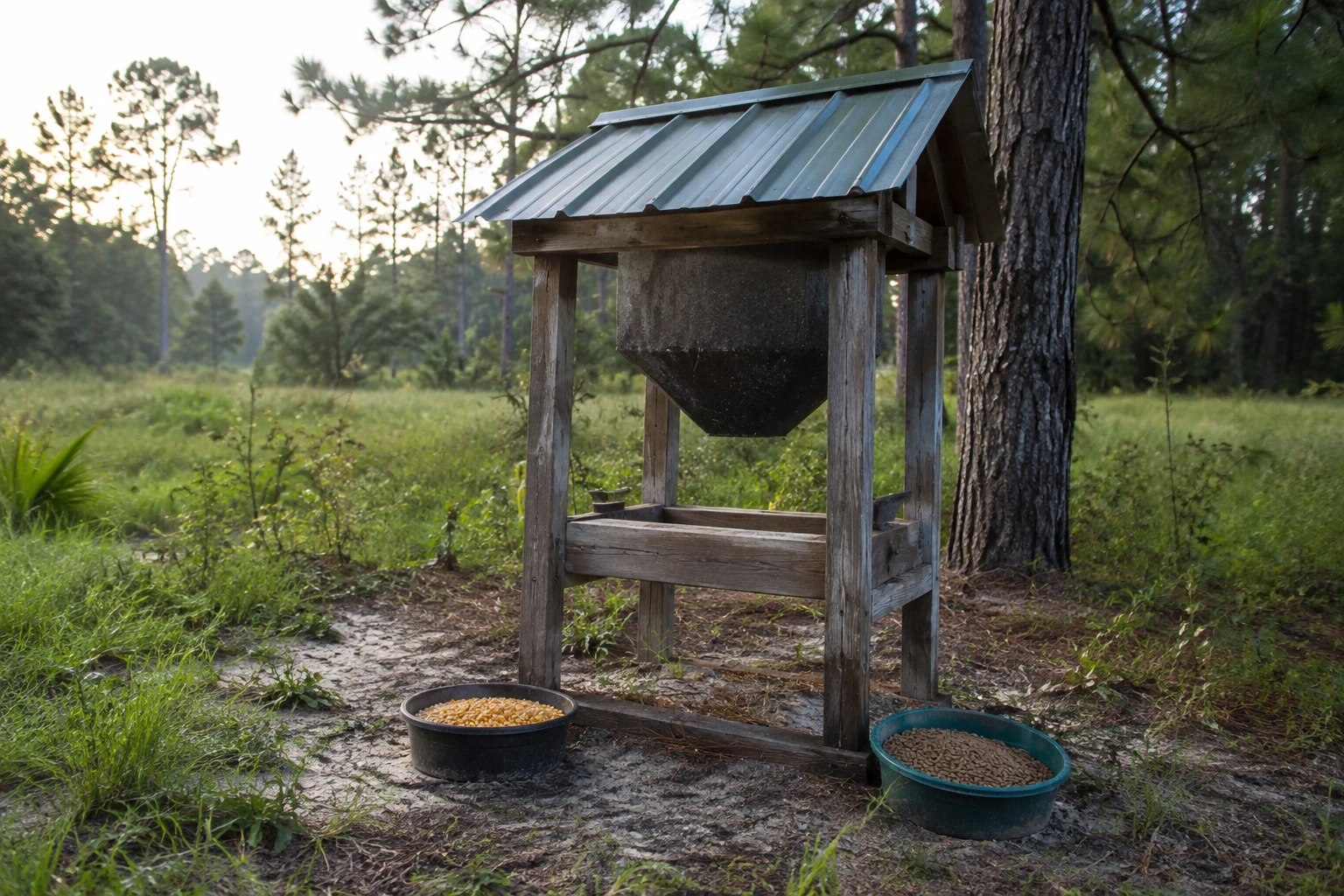 Realistic editorial photograph of a covered wildlife feeder in a Northwest Florida pine-edge clearing, with a small amount of whole corn and deer prot