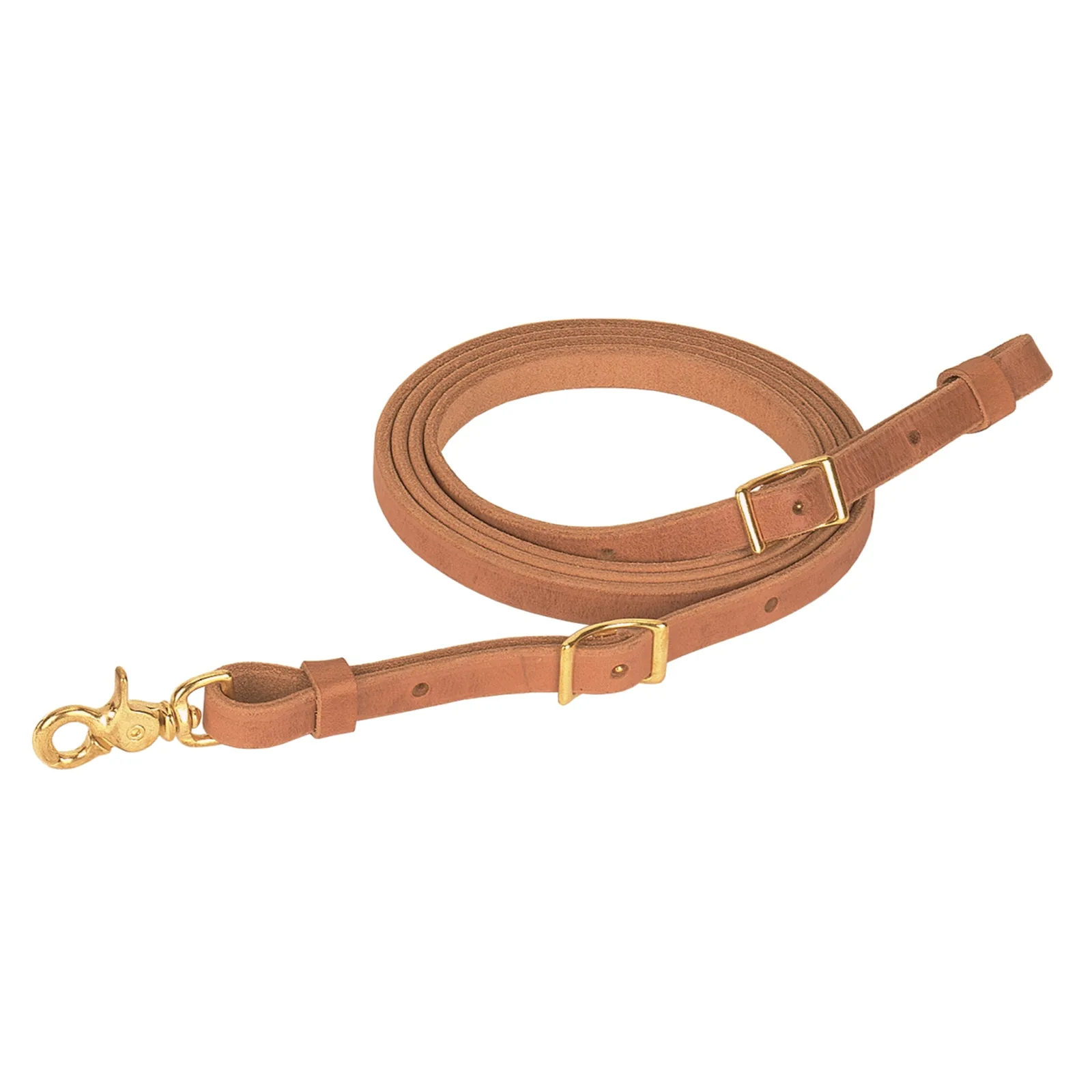 Russet single-ply roper rein coiled, with scissor snap and conway buckle, product photo