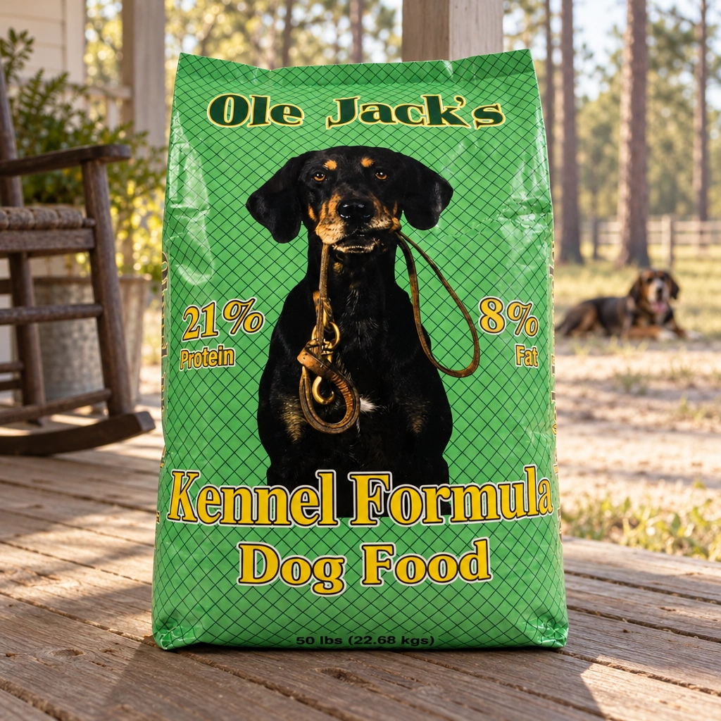 Ole Jack's 21/8 Kennel Formula 50 lb dog-food bag on a Northwest Florida farmhouse porch.